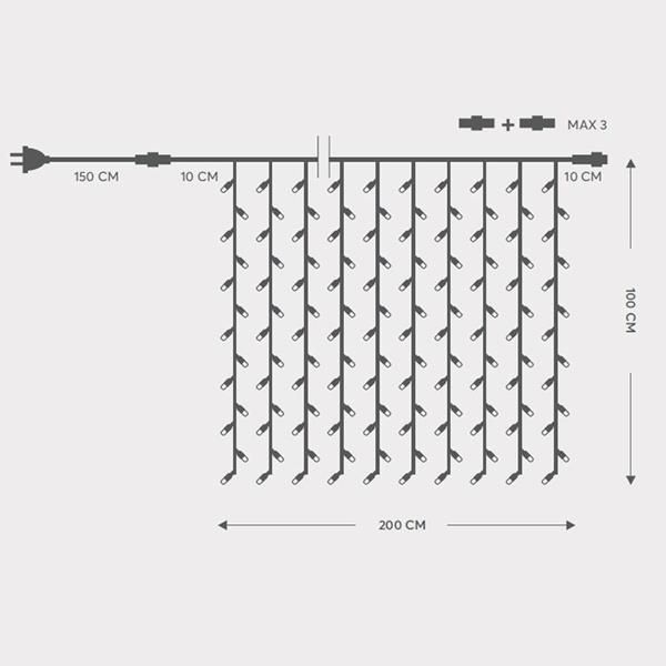 ΚΟΥΡΤΙΝΑ, 200 LED 5mm, 230V, ΕΠΕΚΤΑΣΗ ΕΩΣ 5, ΠΡΟΕΚΤΑΣΗ ΠΑΡΟΧΗΣ 150cm, ΠΡΑΣΙΝΟ  ΚΑΛΩΔΙΟ, ΚΑΟΥΤΣΟΥΚ, ΛΕΥΚΟ LED, 200x100cm, ΙΡ44 600-11115