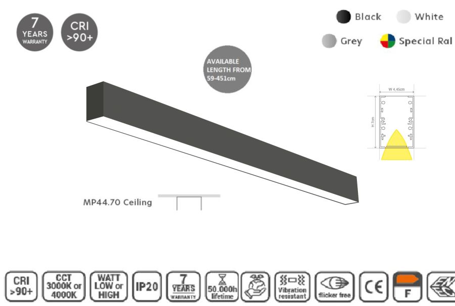 MP44.70C-367-H-3-O-OF-BL Linear Profile Lighting Ceiling 44.5x70mm 367cm HOMELIGHTING 77-13214