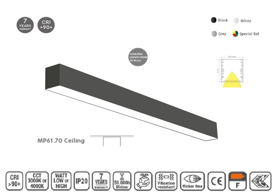 MP61.70C-283-S-3-O-OF-BL Linear Profile Lighting Ceiling 61.5x70mm 283cm HOMELIGHTING 77-10042