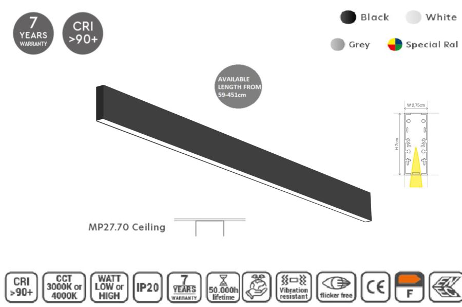 MP27.70C-199-H-3-O-OF-BL Linear Profile Lighting Ceiling 27.5x70mm 199cm HOMELIGHTING 77-15358