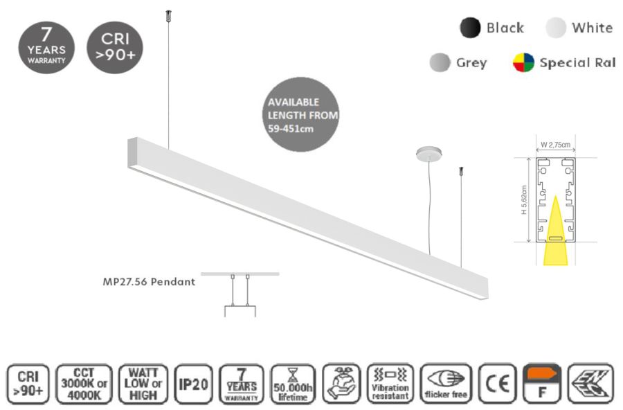 MP27.56P-059-H-3-O-OF-WH Linear Profile Lighting Ceiling 27.5x56mm 59cm HOMELIGHTING 77-23575