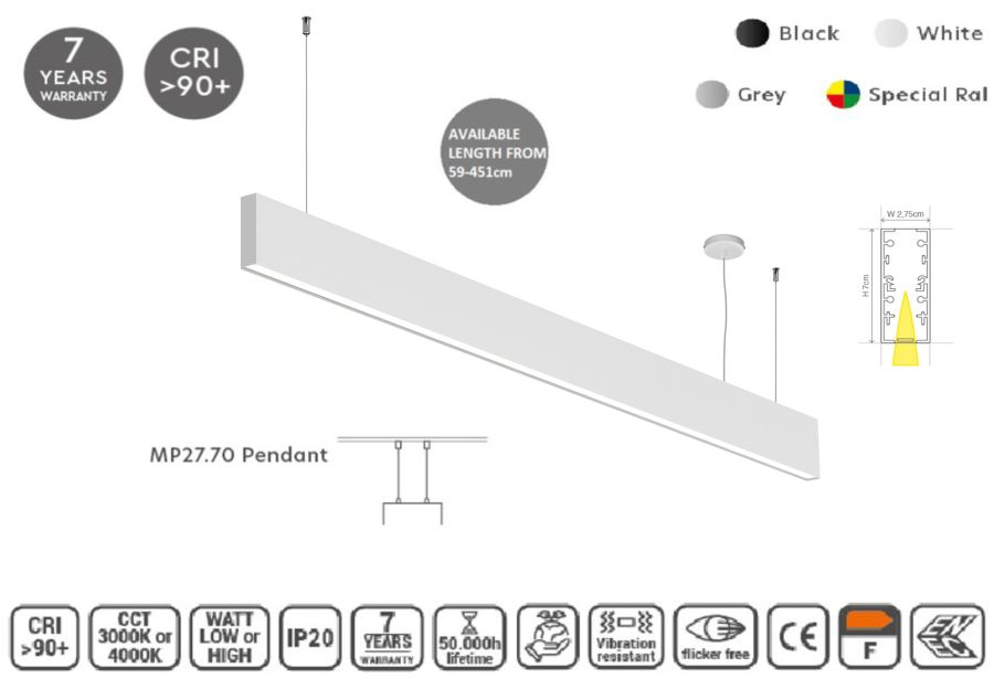 MP27.70P-087-H-3-O-OF-WH Linear Profile Lighting Ceiling 27.5x70mm 87cm HOMELIGHTING 77-22679